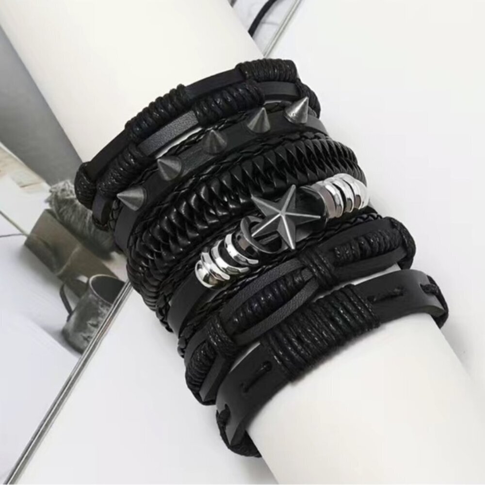 Mens Leather Red & Black Braided Bracelet Set